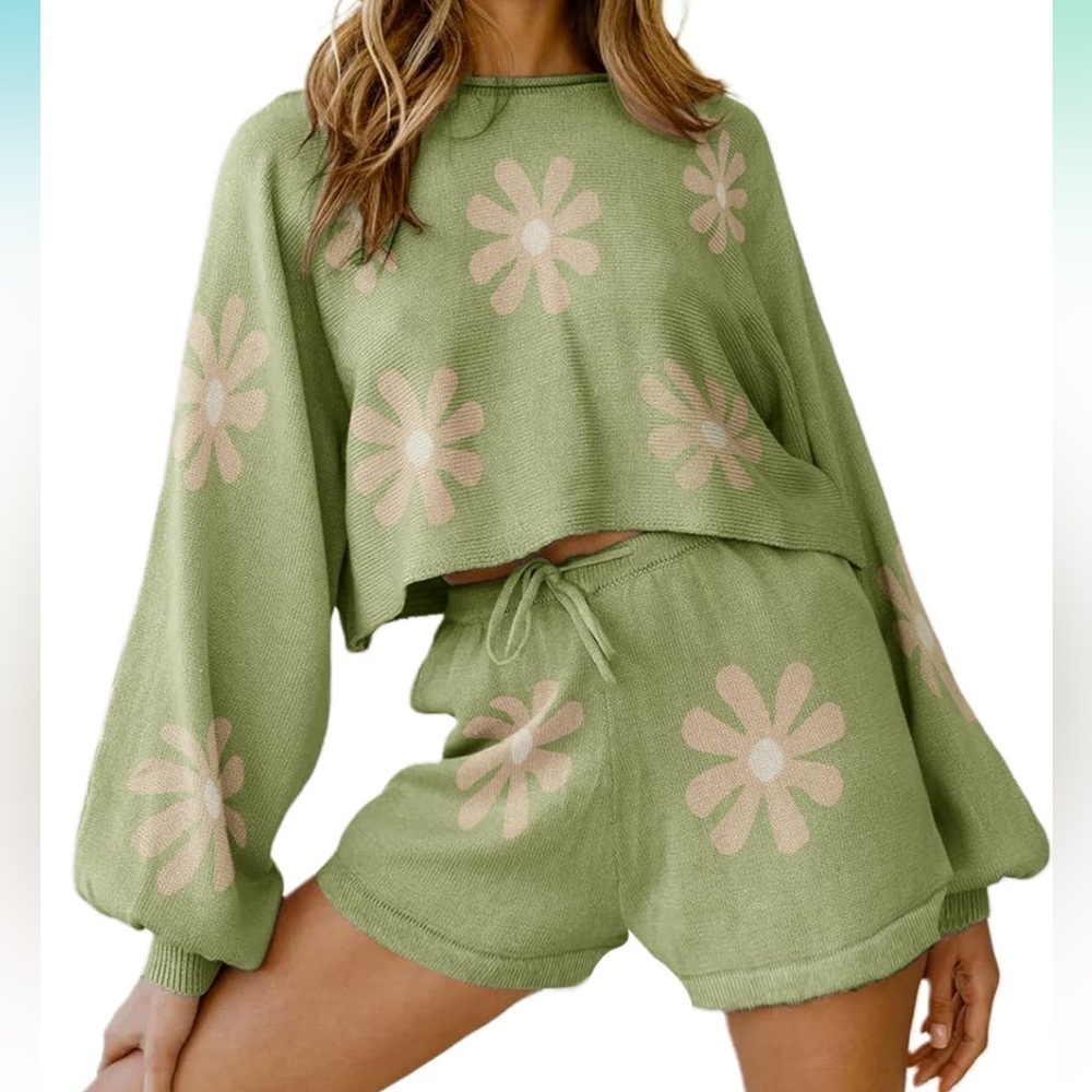 Knit Pajamas Set lounge wear Flower green Casual Sweater size medium